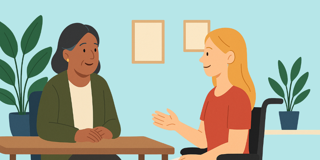 Graphic showing a friendly advisor meeting with a participant.